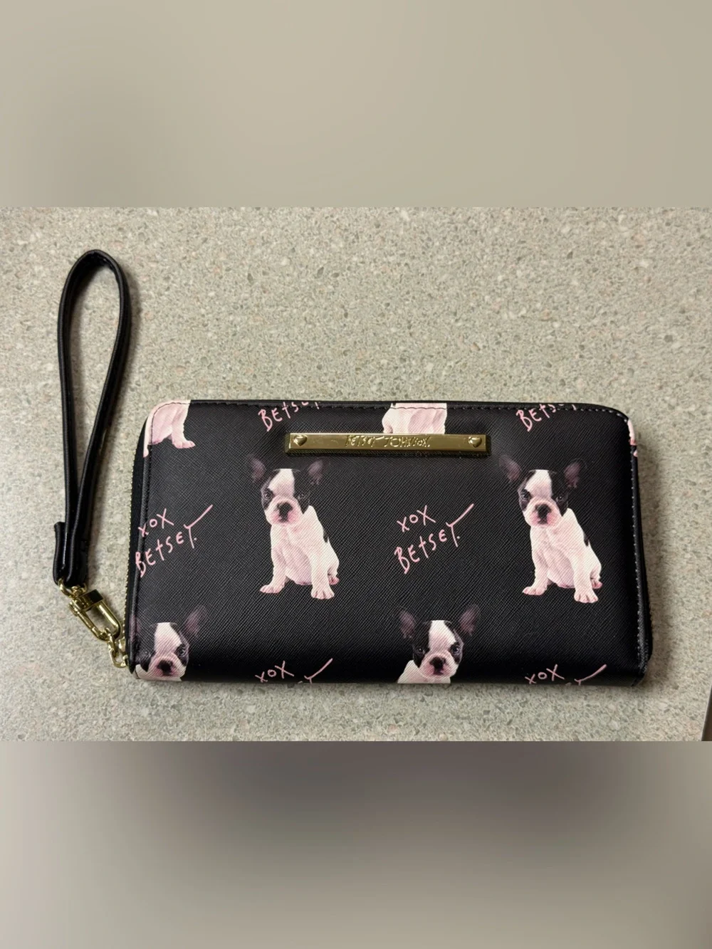 Betsey Johnson Frenchie Black Wallet with Pink Accent and Gold Logo Bar